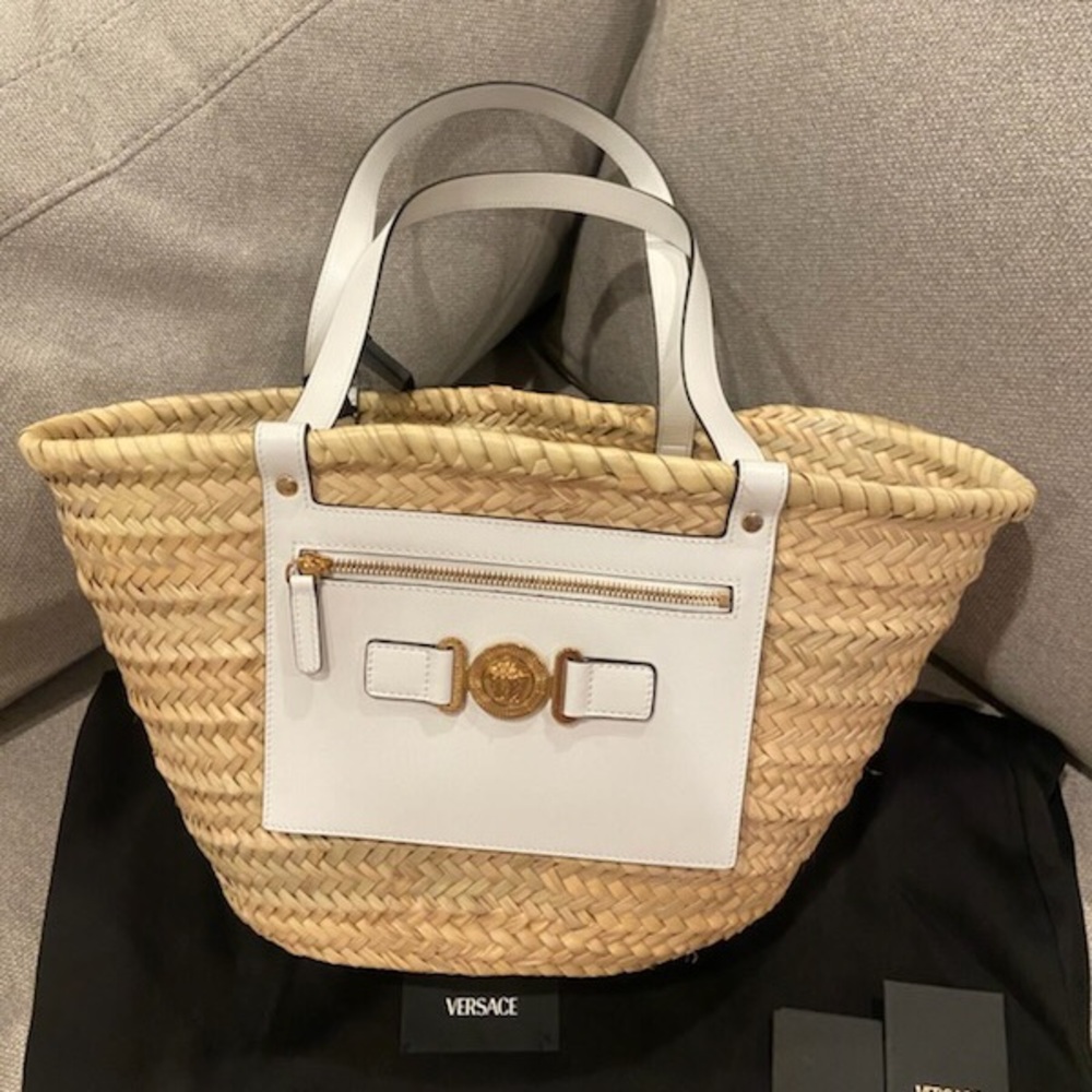 NEW Versace Straw & White Calfskin Leather Medusa Tote Bag